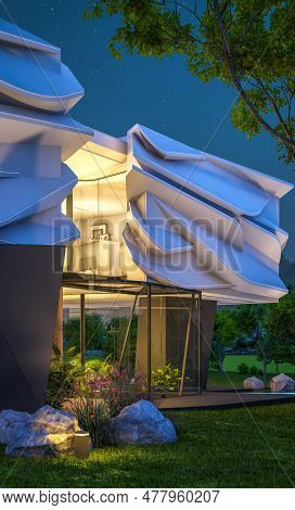 3D Rendering Of Modern House With Bionic Natural Curves Plastic Forms In Night