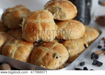 Hot Cross Buns. A Sweet Fruit Bun Lightly Spiced With Cinnamon And Nutmeg And Marked With A Cross On