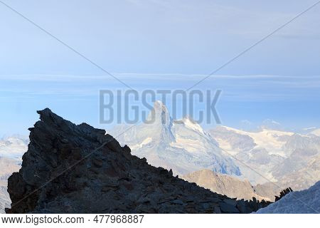 Panorama View With Mountain Matterhorn Seen From Allalinhorn In Pennine Alps, Switzerland