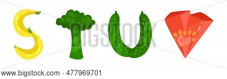 Veggie English Alphabet Letters Made From Fresh Fruit And Vegetables Vector Set