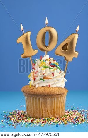 Birthday Cake With Candle Number 104 - Blue Background
