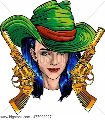 Vector Illustration Of Western Girl With Revolver And Rifle