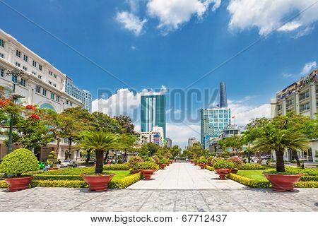 HO CHI MINH, VIETNAM - APRIL 28, 2014: View from public park on Bitexco Financial Tower - the tallest building in the Ho Chi Min city. Its construction was completed in 2010. 