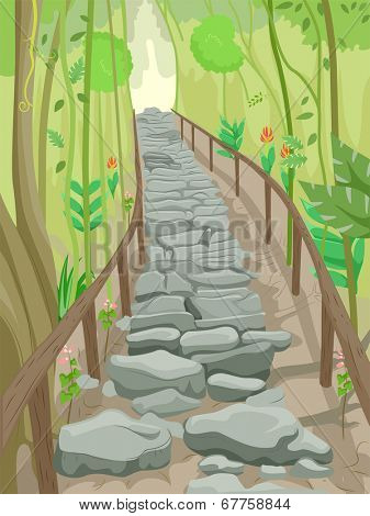 Illustration of a Flight of Stone Steps That Serve as a Trail in the Forest