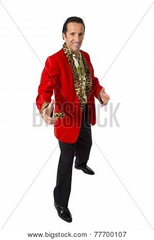 Funny Rake Playboy And Bon Vivant Mature Man Wearing Red Casino Jacket And Hawaiian Shirt Standing H