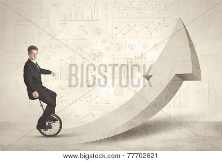 Happy business man riding a monocycle up on an arrow concept