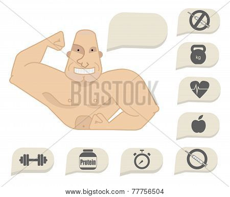 Bodybuilder Torso With Speech Bubbles. Happy Face