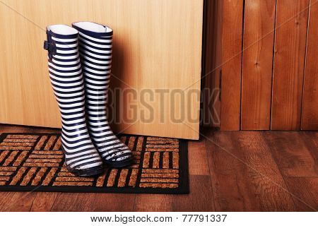 Dirty wellington boots on door mat in room