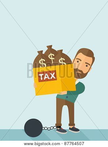 A Caucasian businessman locked in a debt ball in chain for commiting crime in tax ivasion. Debt concept. A Contemporary style with pastel palette, soft blue tinted background. Vector flat design