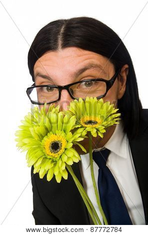 Handsome businessman with flower isolated on white