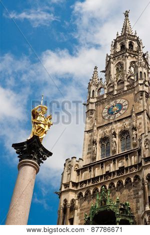 New Townhall And A Golden Statue Of Virgin Mary In Munich