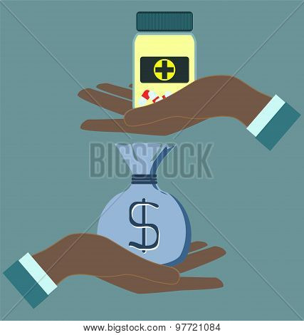 Medicine Bottle With Tablets In Hands, Money Bag. Medacal Concept.