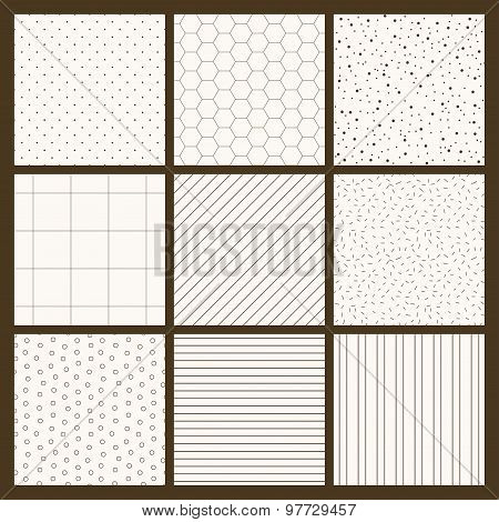 Set of 9 simple seamless monochrome patterns. Part 1.