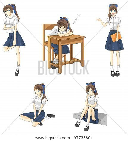 Cute Cartoon Asian Thai Schoolgirl Student In Government High School Uniform In Different Action, Ex