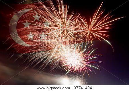 Singapore Flag With Fireworks