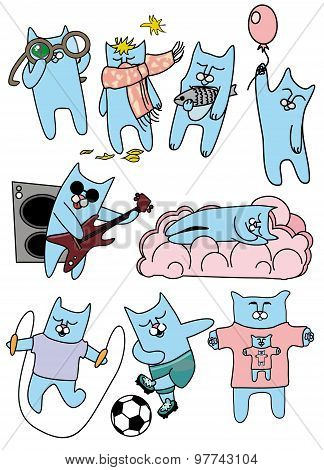 Set Of Cute Cartoon Cats In Different Situations