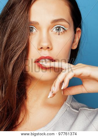 young pretty adorable woman with candy close up like doll