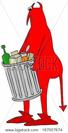 Illustration of a red devil carrying a smelly garbage can.