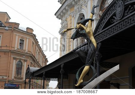 St. Petersburg, Russia - March 25, 2017: Sculpture of clown. Circus Ciniselli in historic centre. tourist sighting in March 25 in St. Petersburg, Russia