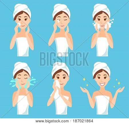 Attractive young woman with a towel around her head and body remove make-up, clean, wash and care her face with sponge. Facial treatment procedures.