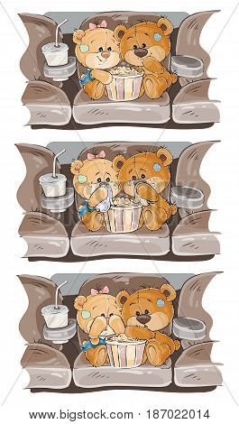 Set of clip art illustrations of enamored teddy bears. Teddy Bears are watching a movie