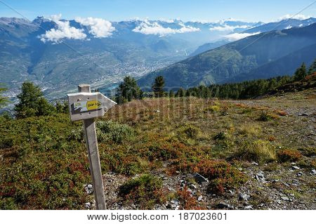 Sign at trekking trail in Nendaz Switzerland.