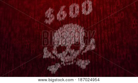 3d illustration with concept of computer virus Wannacry. Closeup of virus sign on LCD Screen