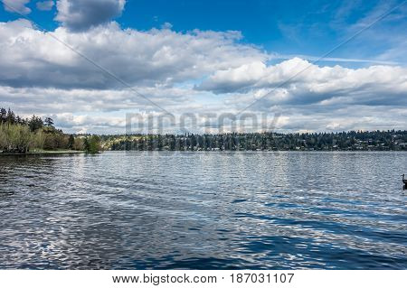 A view of Mercer Island across Lake Washington . Shot taken from Seward Park in Seattle.