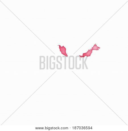 Malaysia Watercolor Map In Red Colors. Visit Malaysia Poster With Airplane Trace And Handpainted Wat