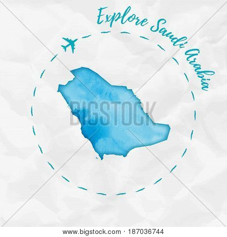 Saudi Arabia Watercolor Map In Turquoise Colors. Explore Saudi Arabia Poster With Airplane Trace And