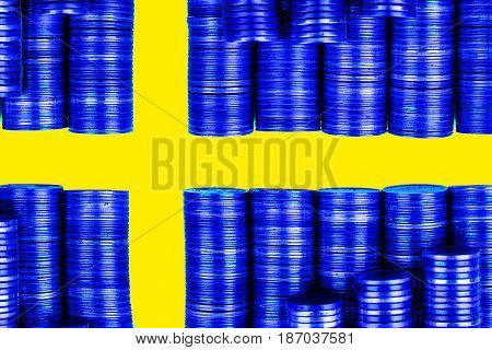 swedish money flag constructed from stacks of coins