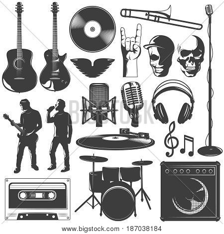 Music icon set with musical band and musical instruments for recording songs vector illustration