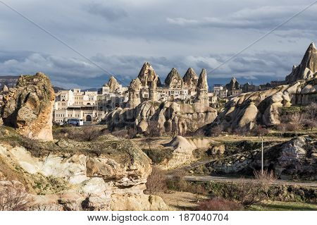 GOREME TURKEY - JANUARY 6 2015: View the town of Goreme in Cappadocia Turkey