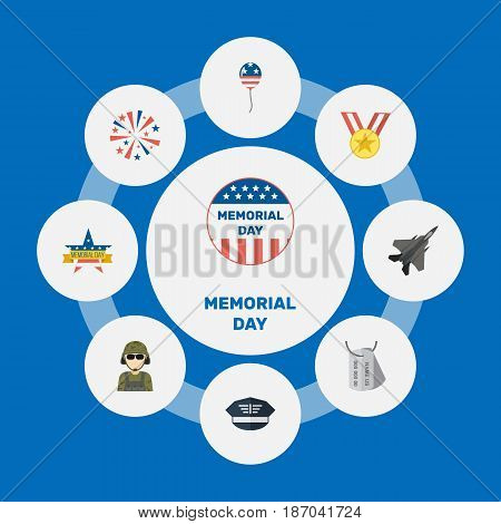 Flat Decoration, Memorial Day, Usa Badge And Other Vector Elements. Set Of Day Flat Symbols Also Includes Cap, Decoration, Military Objects.