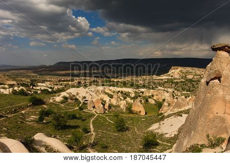 Horizontal Shot Of A Valley Of Fairy Chimneys In Cappadocia Of Turkey