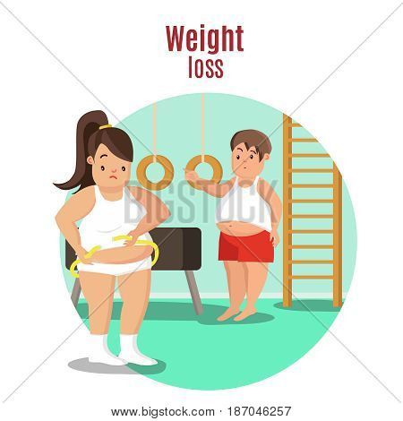 Weight loss concept with fat woman measuring her waist and sad man in gym vector illustration