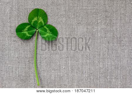 Green Leaves Of Clover On The Background Of Linen Cloth.