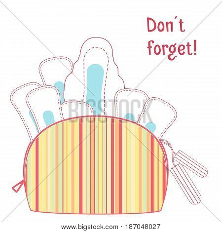 Cosmetic beautician make up colorful bag with menstruation sanitary pads and cotton tampons. Hygiene protection for woman critical days