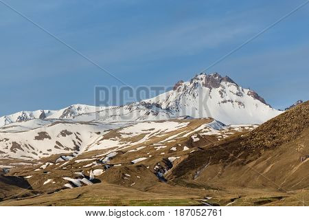 Horizontal Landscape Of Snow Covered Peak Of Erjiyes Mountain And Ski Resort In Spring With Some Sno