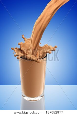 Splash of chocolate milk from the glass .Blue background. 3d rendering