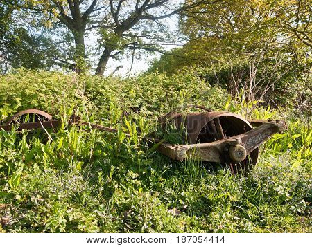 An Old Retro Rusted Farm Machine Plow On The Ground Unused