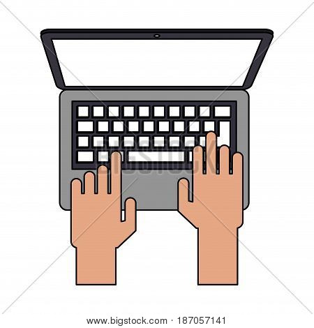 color image cartoon top view hands typing in portatil device vector illustration