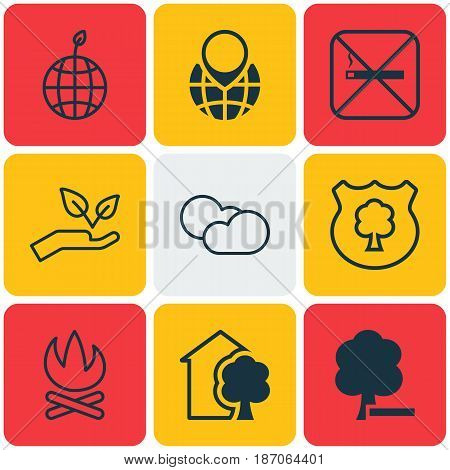 Set Of 9 Eco Icons. Includes Delete Woods, Pin Earth, Cloud Cumulus And Other Symbols. Beautiful Design Elements.