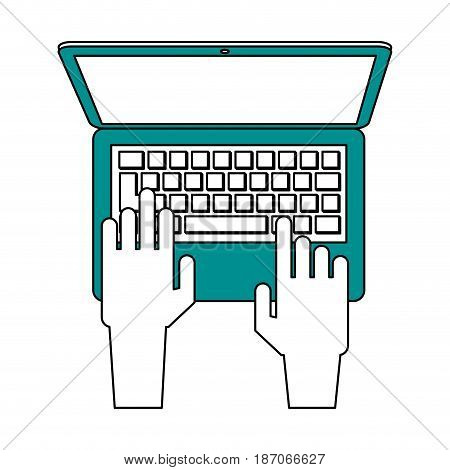 color silhouette image cartoon top view hands typing in portatil device vector illustration