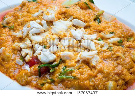 Close up of Stir fried crab meat with curry powder