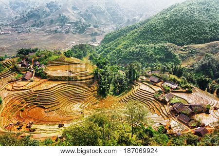 Top View Of Village Houses And Rice Terraces In Vietnam