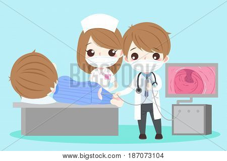 cute cartoon doctor and patient with intestine health concept