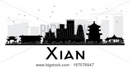 Xian City skyline black and white silhouette. Simple flat concept for tourism presentation, banner, placard or web site. Cityscape with landmarks.