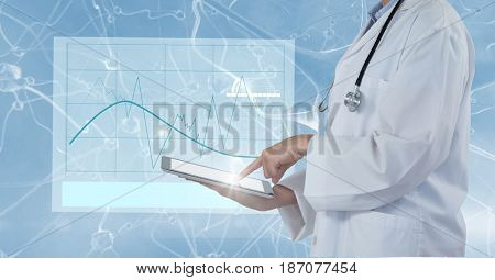 Digital composite of Digital composite image of doctor using tablet computer with interface graphics