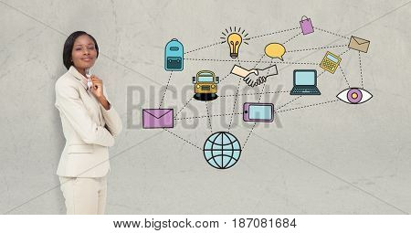 Digital composite of Businesswoman standing by various icons on beige background